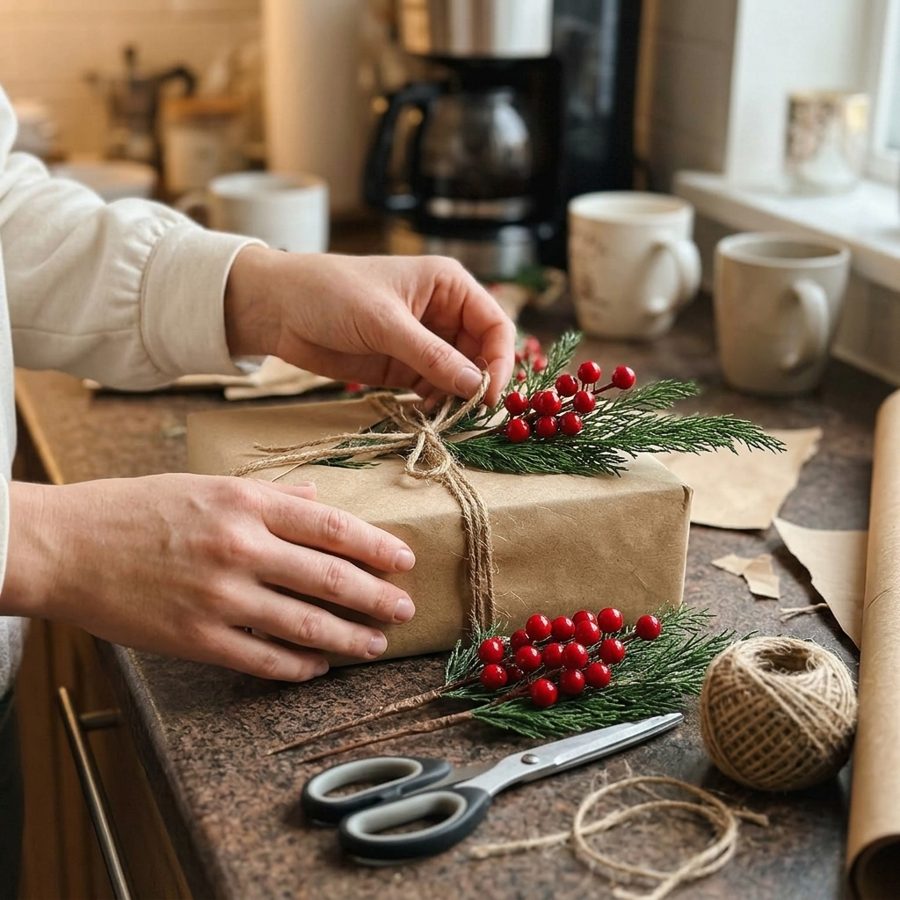 Hand tucking a pine and red berry pick under the twine on a kraft-wrapped gift at a kitchen counter