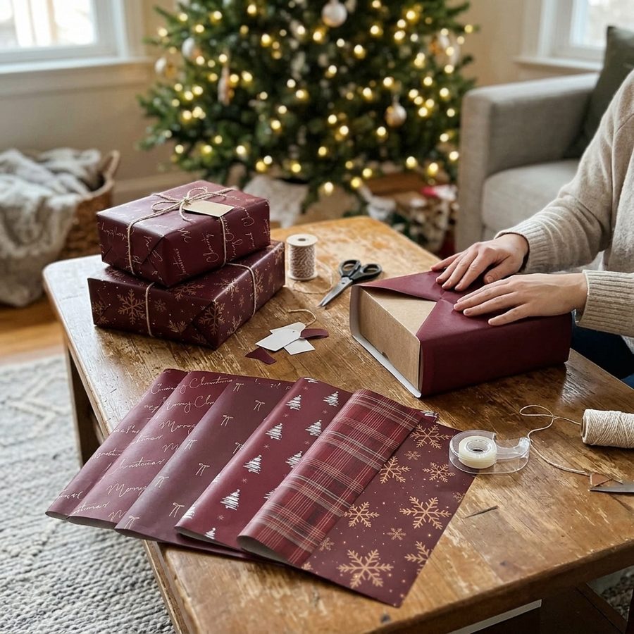 Hands wrapping a box in burgundy paper on a coffee table, with snowflake, tree, plaid and script burgundy sheets fanned out in front