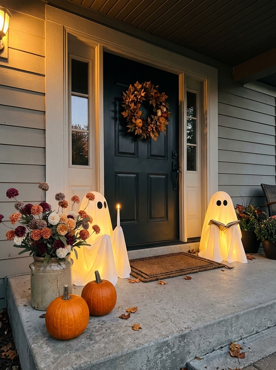 Covered front porch at dusk with two glowing ghosts beside a black front door, a crock of fall mums and two orange pumpkins on the step
