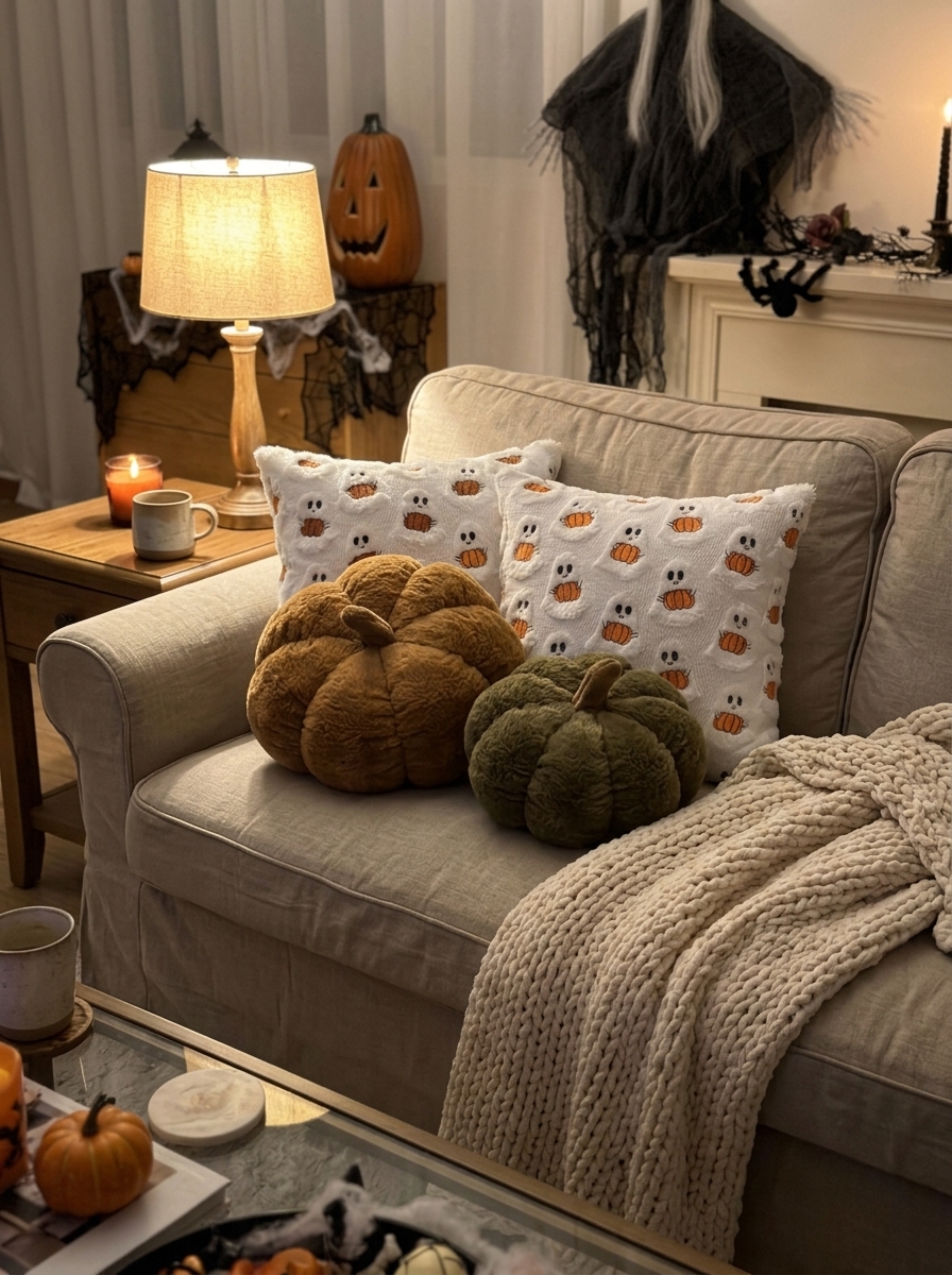 Oat linen sofa with two ghost and pumpkin cushions, caramel and olive plush pumpkin pillows and a chunky cream knit throw, lit by a table lamp