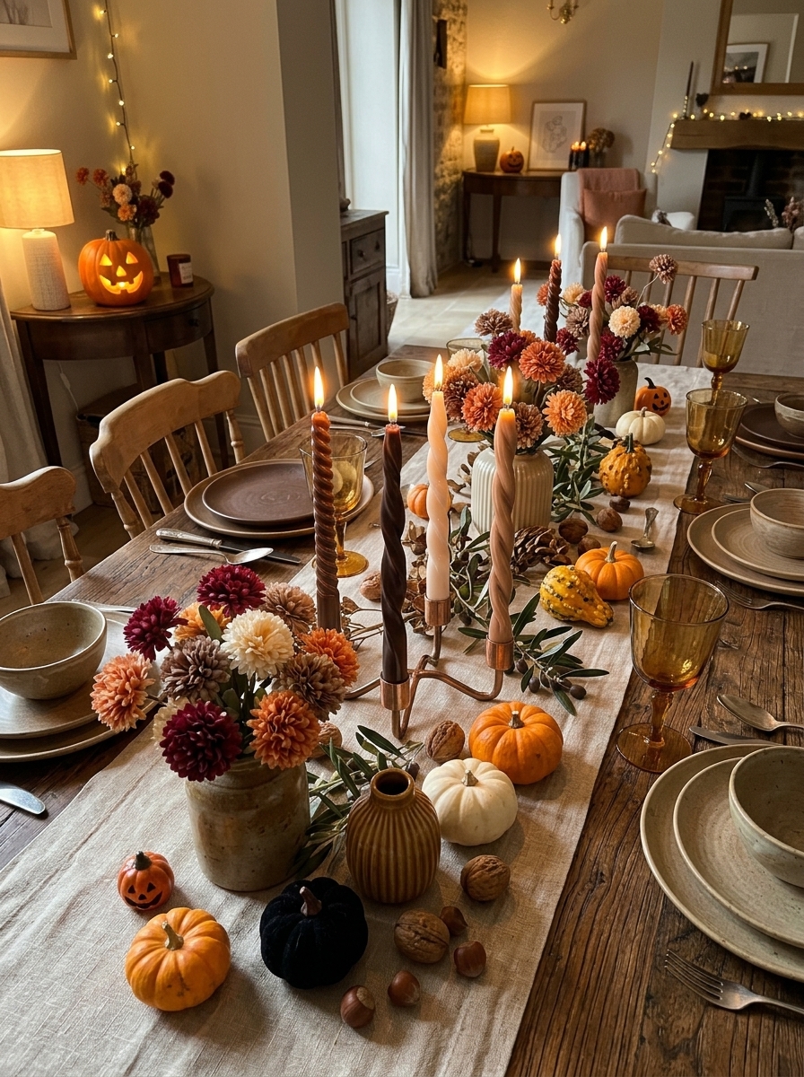 Wooden dining table with a linen runner, lit twisted taper candles, faux mums in stoneware vases, mini pumpkins and walnuts