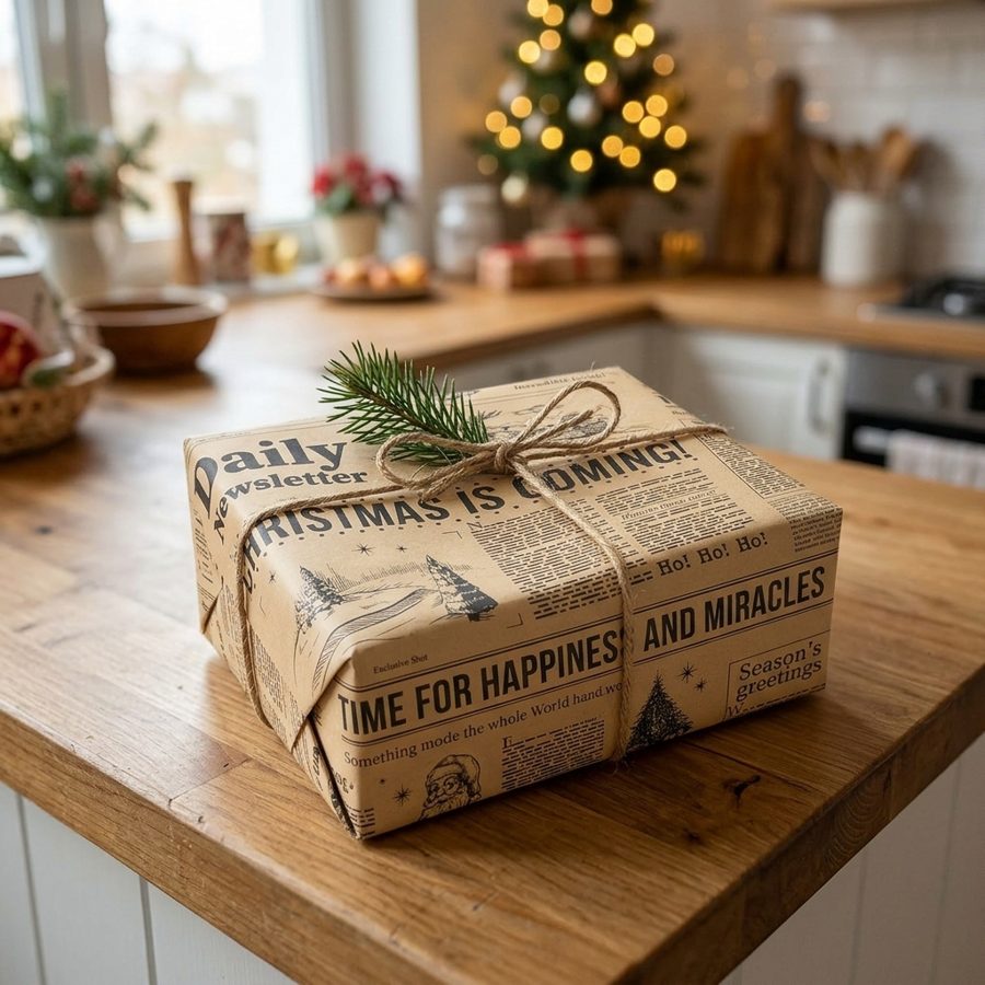Vintage newspaper kraft paper, wrapped and finished