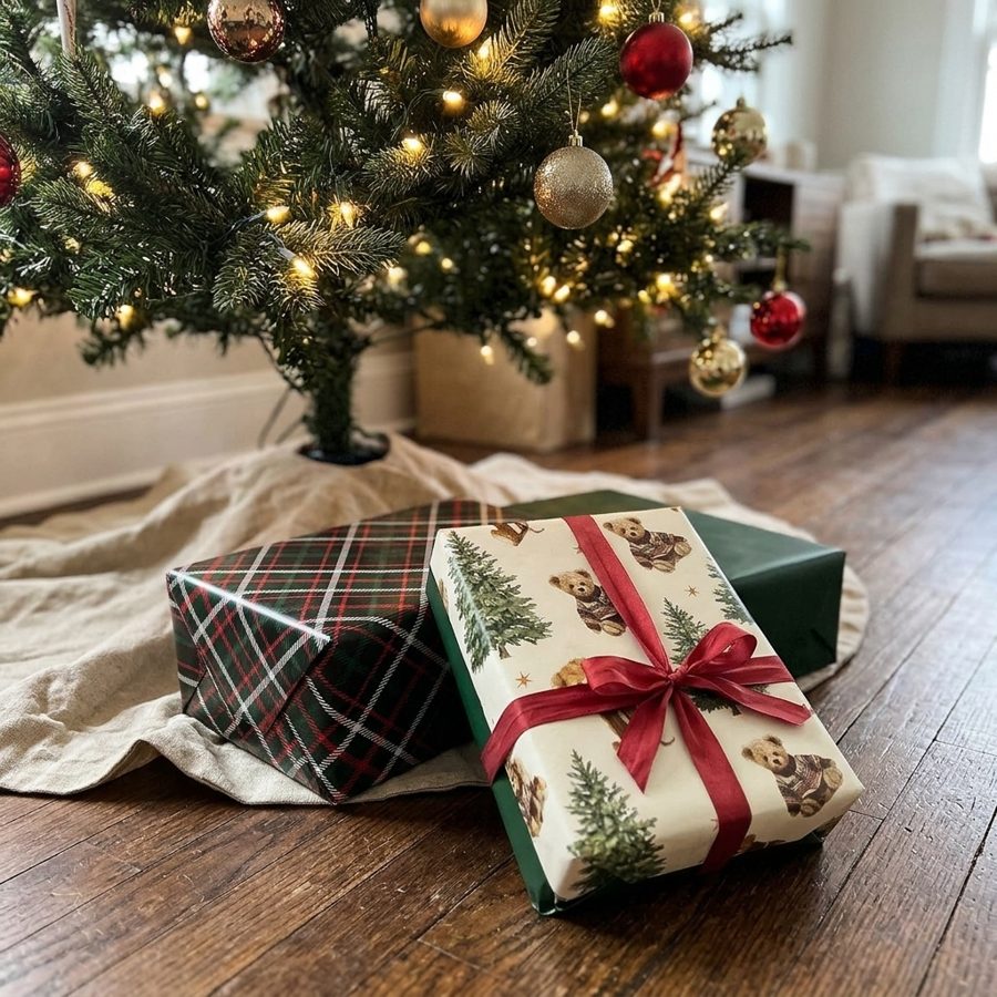 Gifts wrapped in plaid and bear-print paper under a Christmas tree