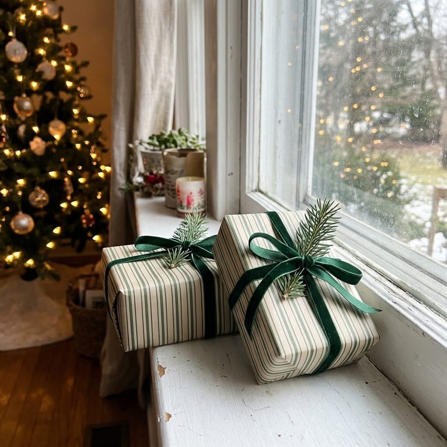 Green and beige striped kraft paper, wrapped and finished