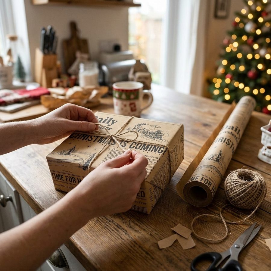 Hands tying jute twine around a box wrapped in vintage newspaper kraft paper with a 