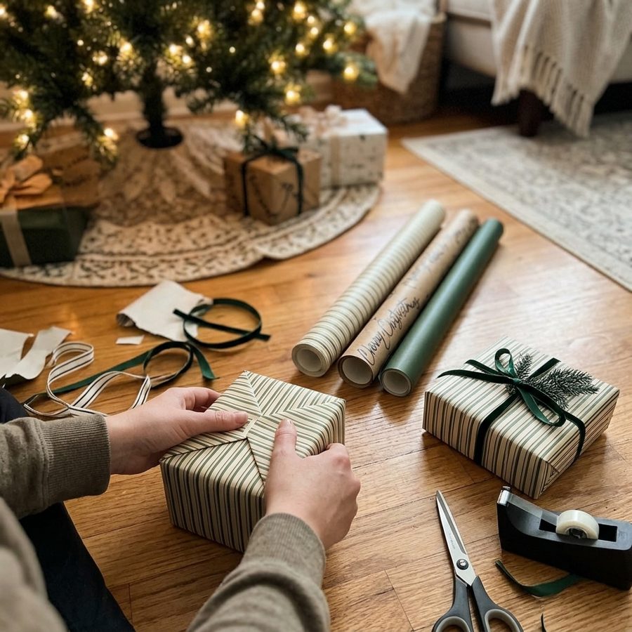 Hands folding green and beige striped kraft paper around a small box on a living-room floor, mini rolls and a finished striped gift beside it