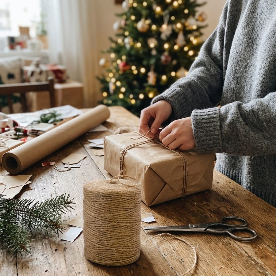 Hands tying natural jute twine around a kraft-wrapped gift, a large jute spool in the foreground