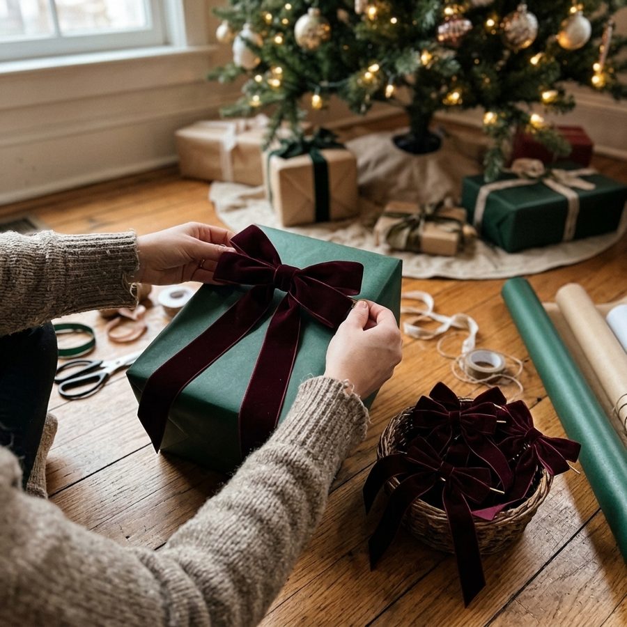 Hands placing a large burgundy velvet bow on a deep green gift under the Christmas tree, more bows in a basket