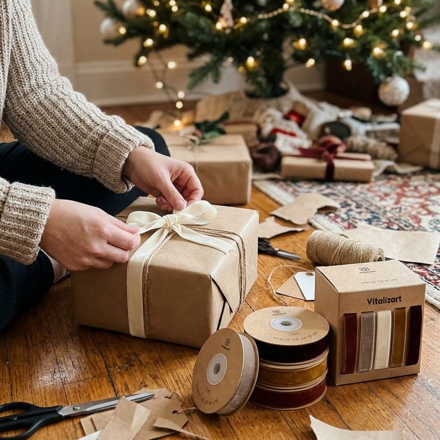 Hands tying an ivory velvet bow over jute on a kraft box, with brown, nude and ivory velvet ribbon spools beside it